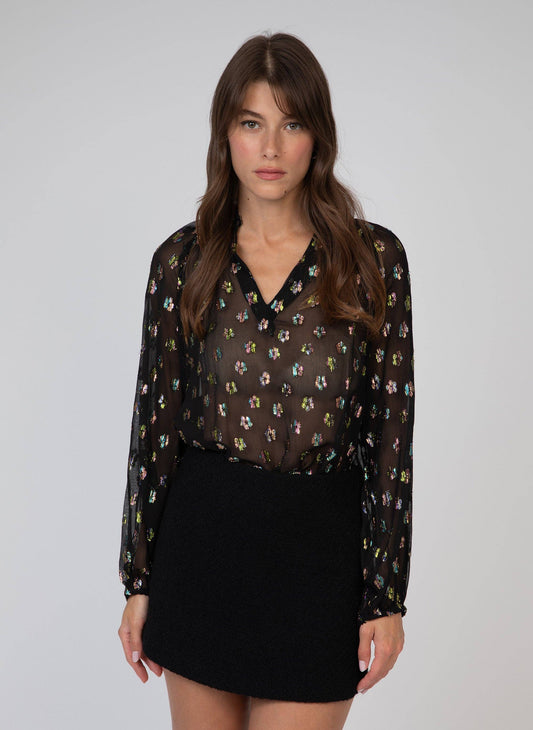 Blusa Souella nera in tessuto velato con paillettes multicolor