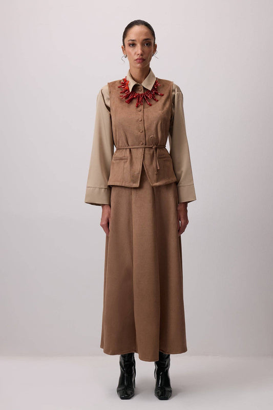 Set gilet e gonna lunga effetto scamosciato