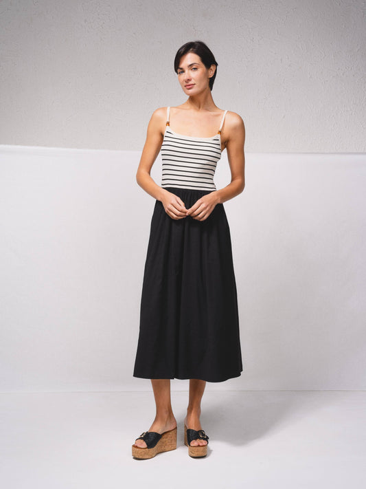 Abito midi con spalline sottili, righe e fiocco