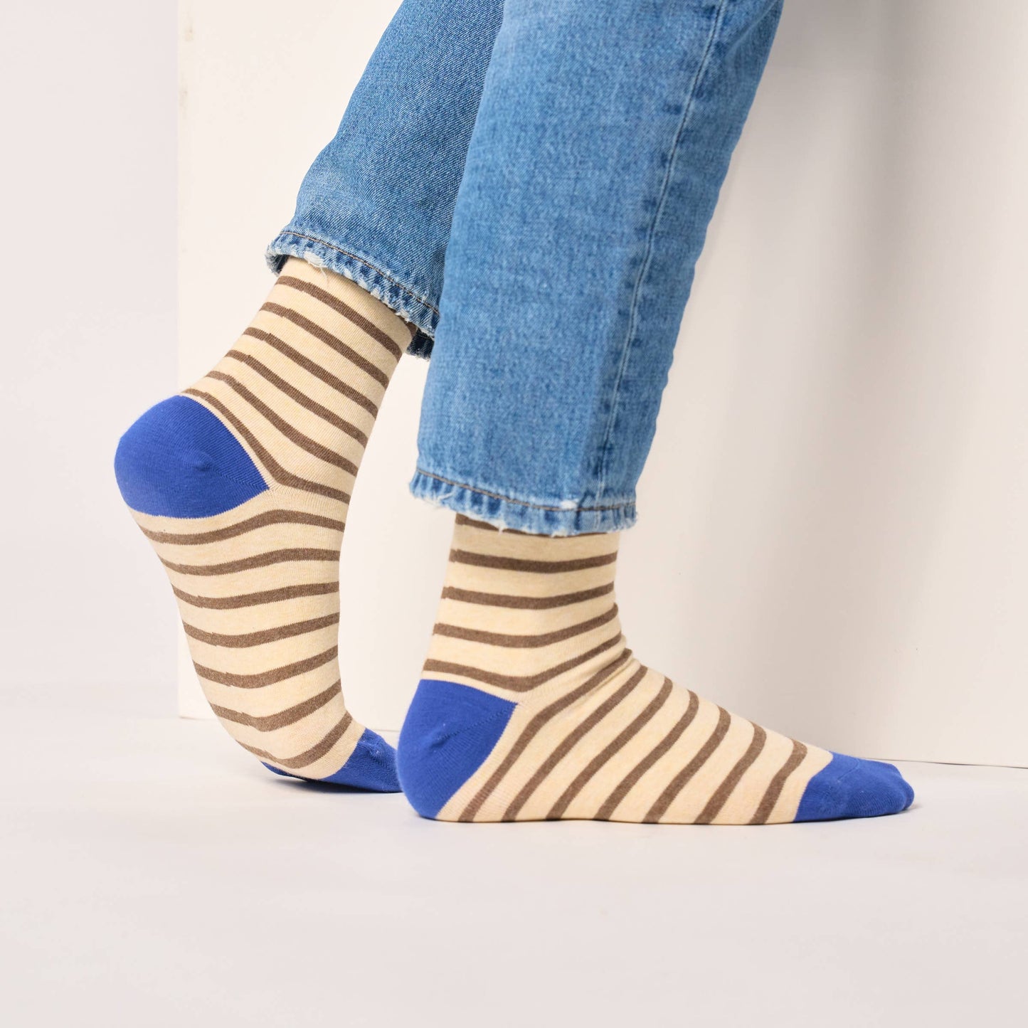 Calzini a righe in cotone pettinato beige e marrone