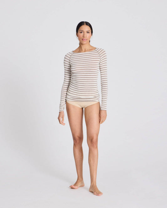 Maglia Amalie a righe marinare in lana ecru e grigio mélange