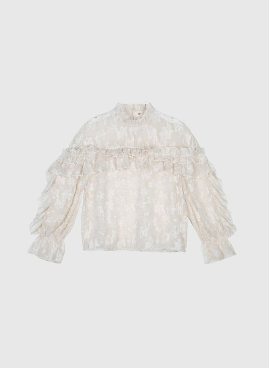 Camicia Soely écru in jacquard trasparente con volant