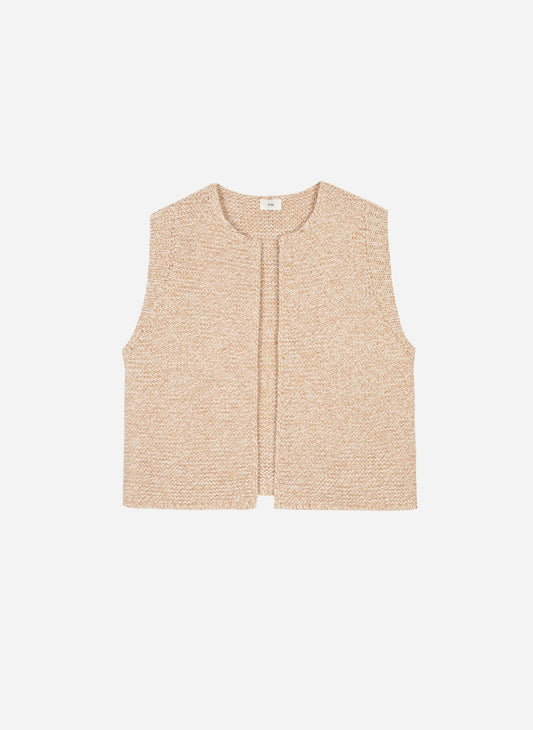 Cardigan smanicato in maglia beige