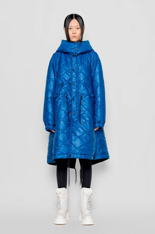 Parka imbottito lungo con cappuccio staccabile blu reale