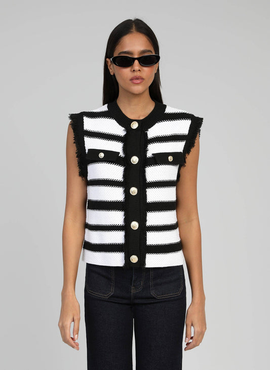 Cardigan smanicato a righe con bottoni gioiello