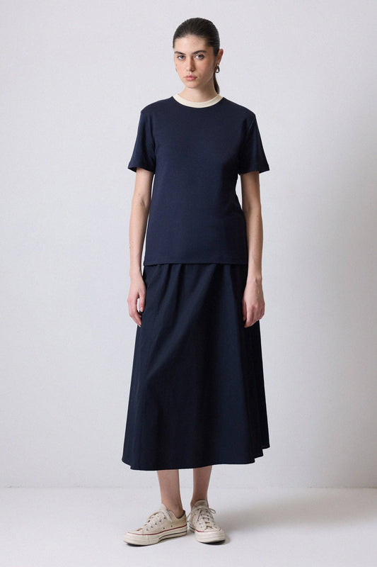 T-shirt donna in cotone con collo a costine blu navy