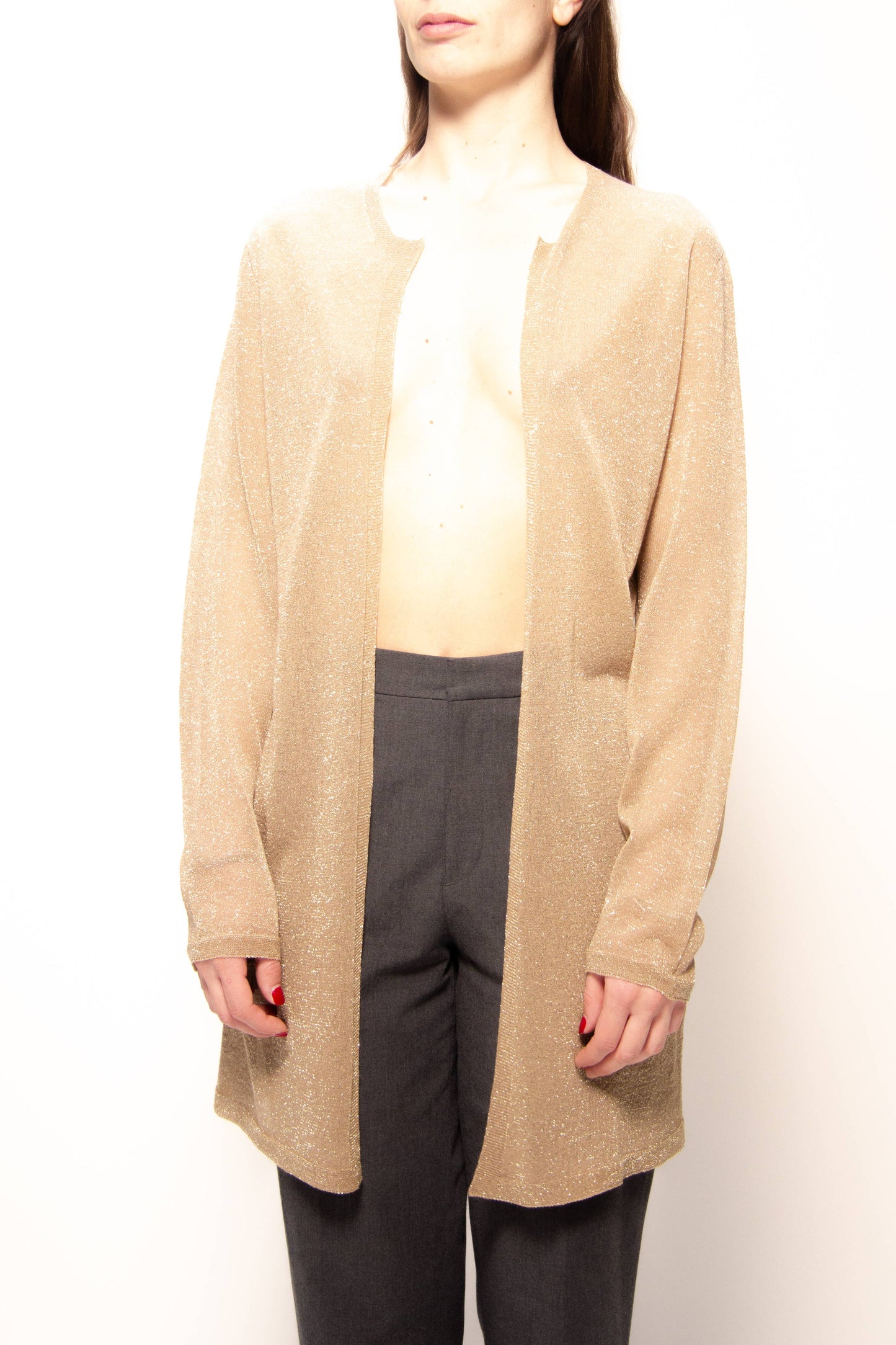 Cardigan lungo in lamé glitterato a maglia 3D