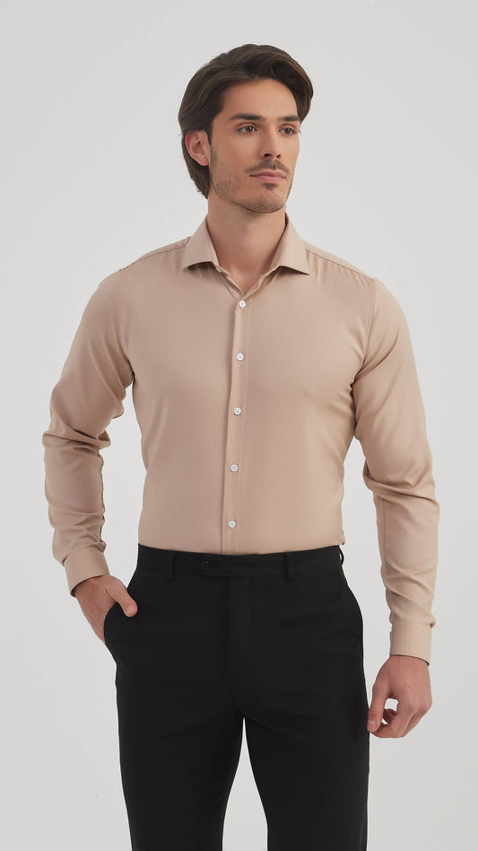 Camicia slim fit in bambù beige
