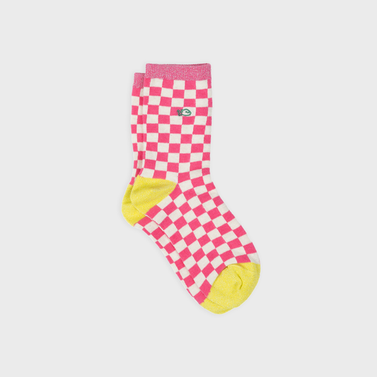 Calzini in cotone pettinato a quadretti rosa, bianco e giallo