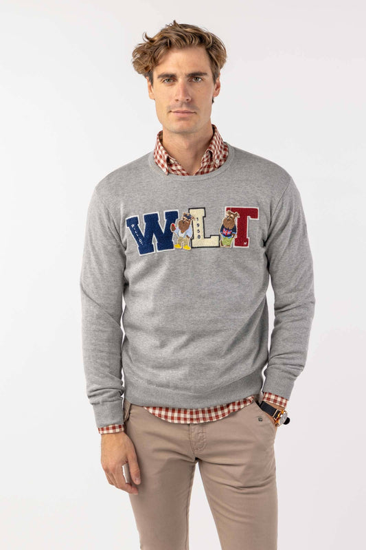 Maglia girocollo grigia con patch ricamate