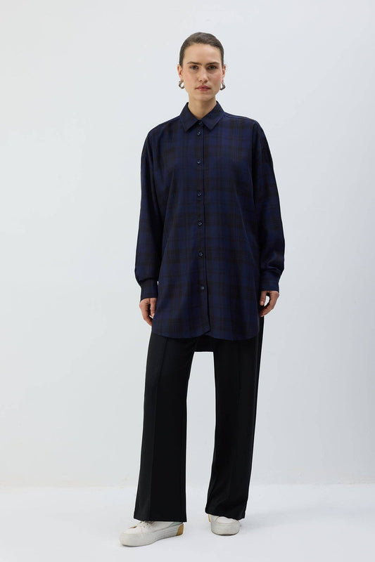 Camicia a quadri oversize in viscosa blu navy
