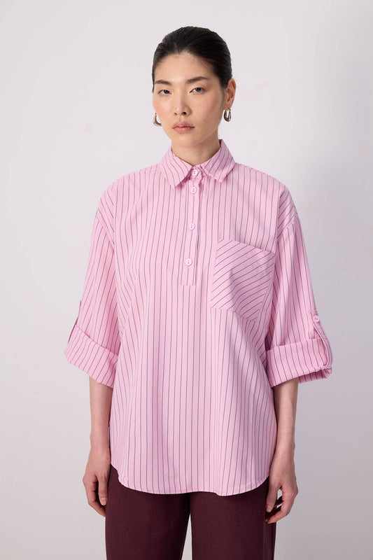 Camicia popover relaxed a righe rosa con tasca