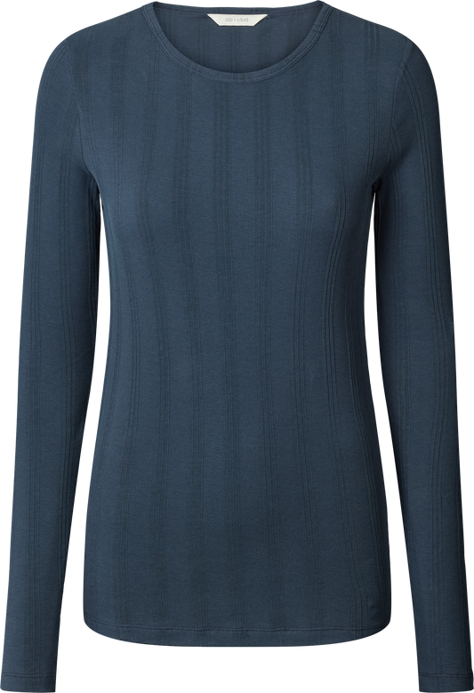 Top Thyra a maniche lunghe in cotone biologico a costine blu denim