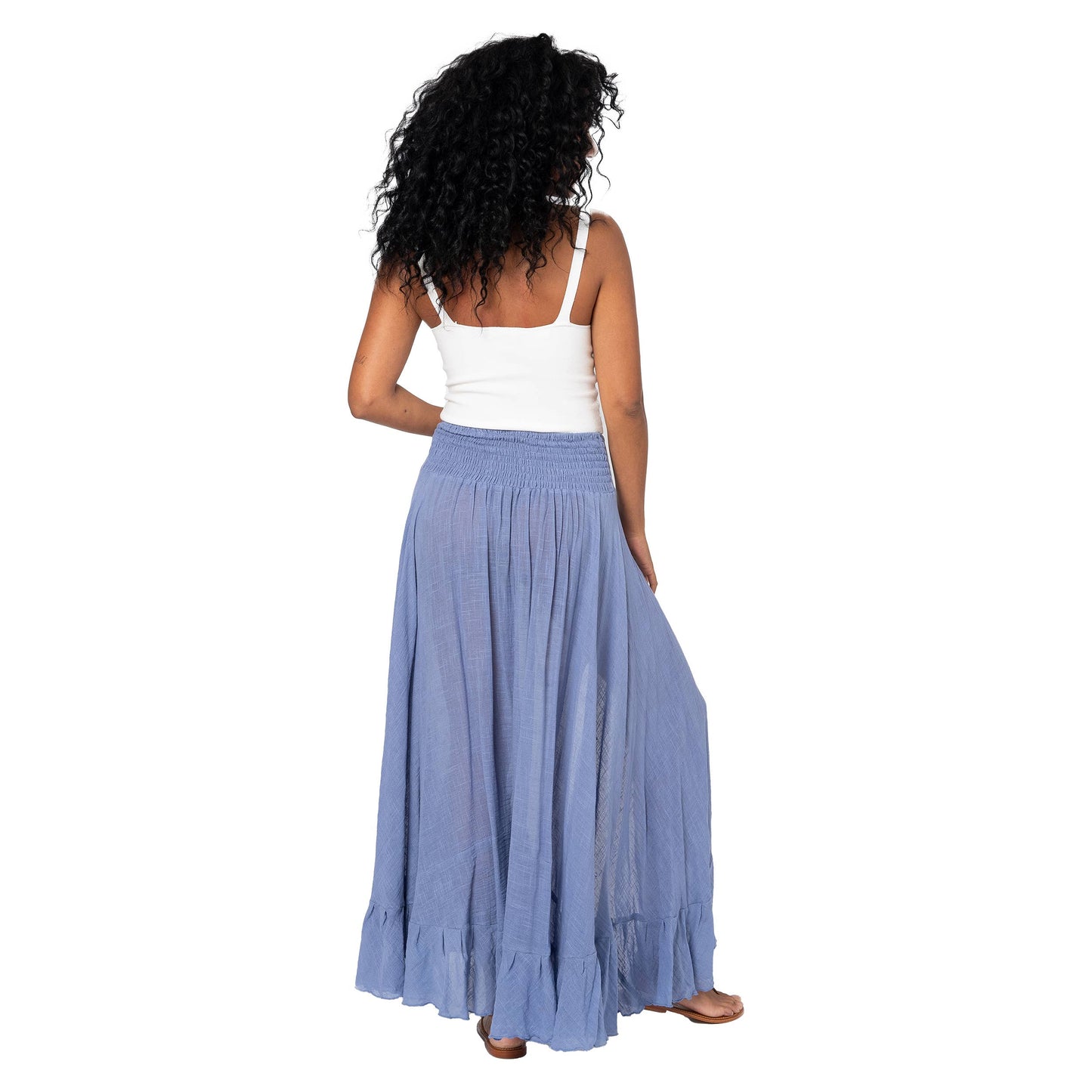 Gonna lunga estiva blu con vita smock e laccetti