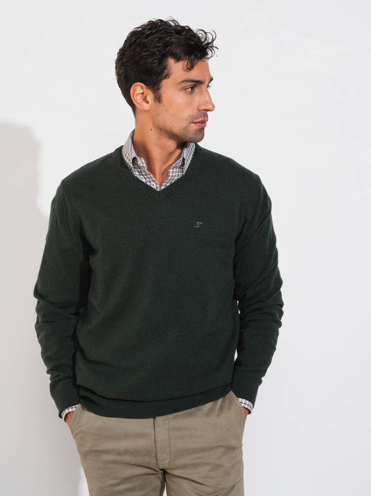 Pullover in lana a maglia fine con scollo a V e ricamo