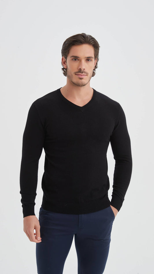 Maglione nero con scollo a V effetto cashmere