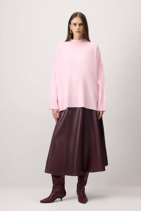 Maglione basic a collo alto in maglia rosa