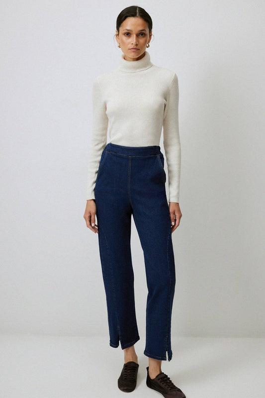 Jeans denim a vita alta elasticizzati a gamba dritta
