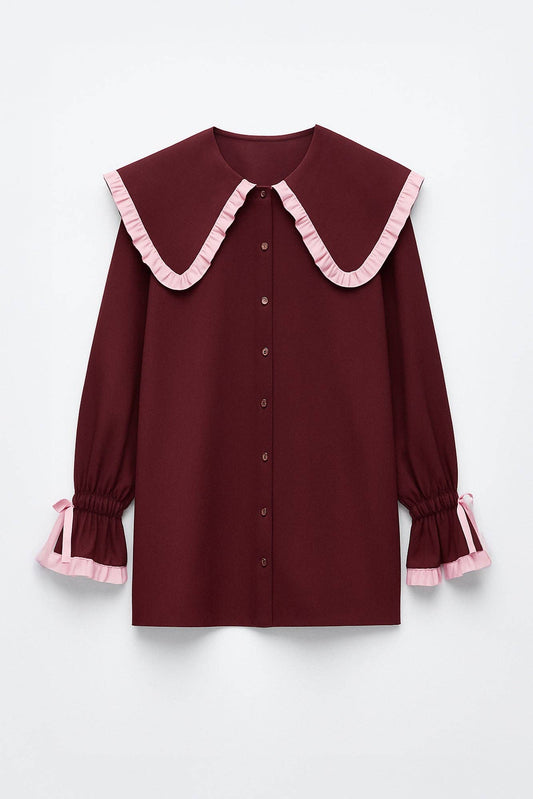 Camicia bordeaux con maxi colletto a contrasto e volant