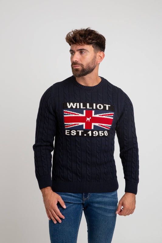 Maglione a trecce blu navy con bandiera