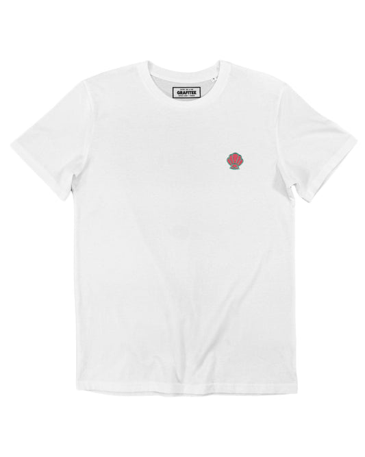 T-shirt bianca in cotone biologico con patch conchiglia ricamata