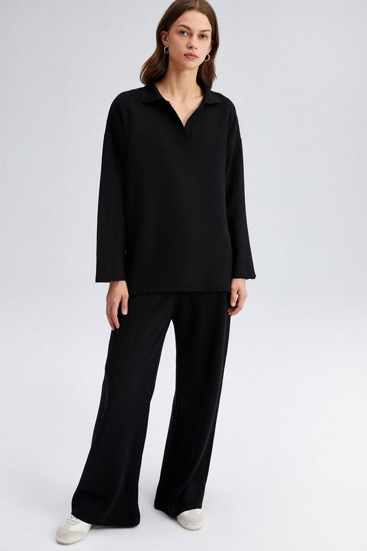 Set tunica e pantaloni in maglia con colletto