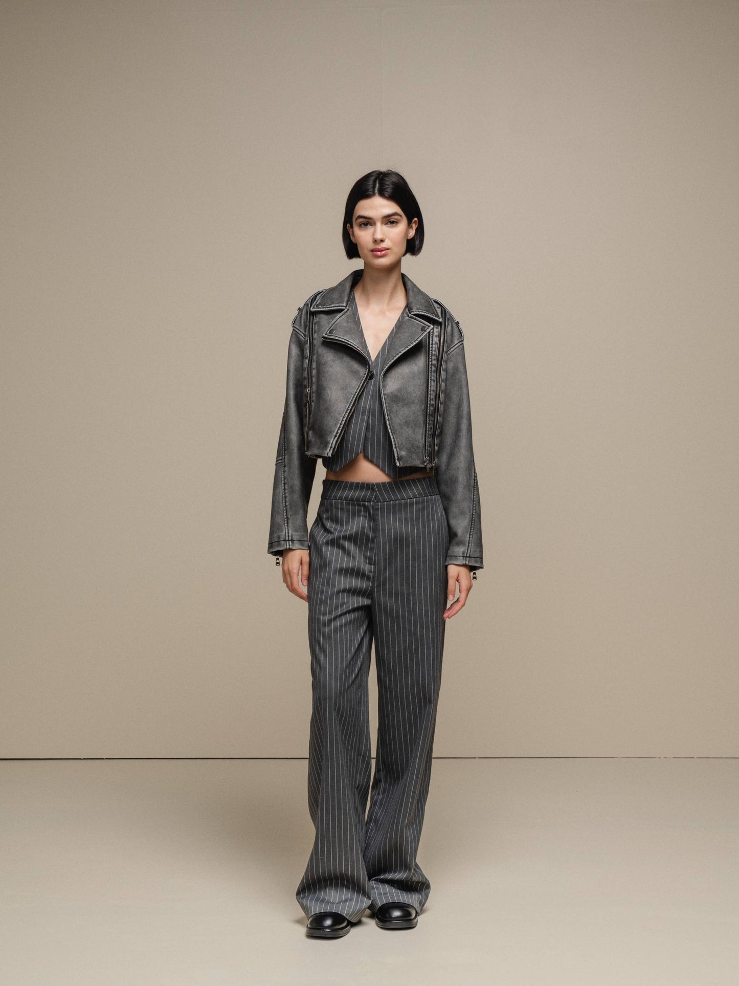 Pantaloni gessati a vita alta in misto poliestere stretch