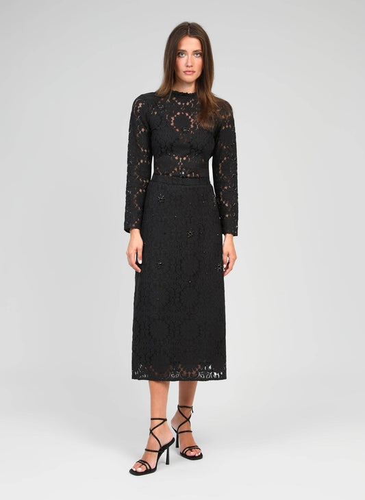 Gonna midi in pizzo nero con ricami di strass e perle