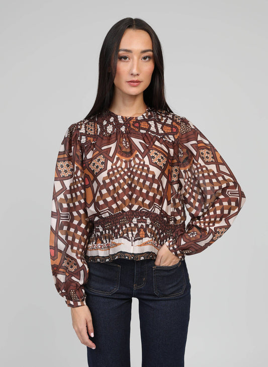 Blusa in organza stampata caramello