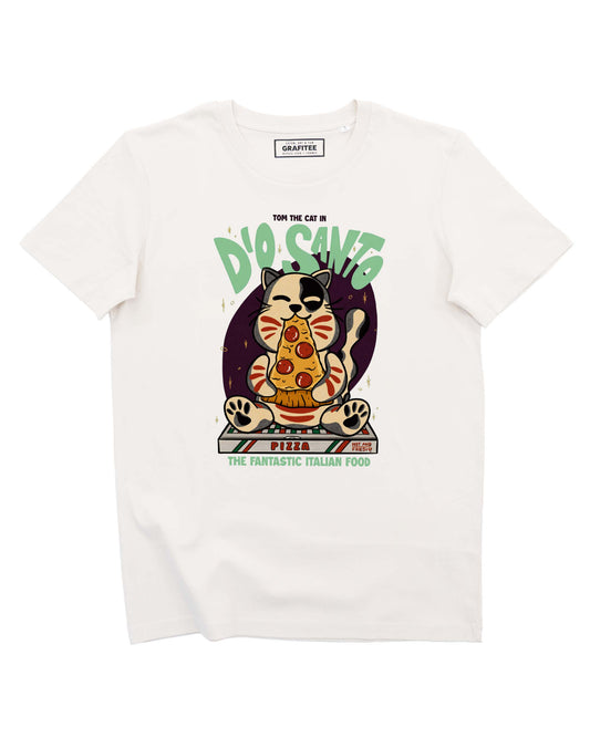 T-shirt unisex in cotone biologico con stampa gatto e pizza