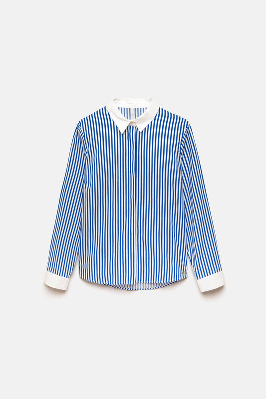 Camicia a righe blu con colletto e polsini a contrasto