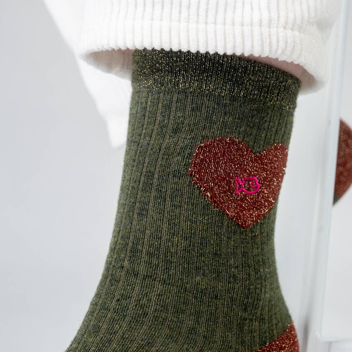 Calzini in cotone pettinato con cuore glitter verde scuro