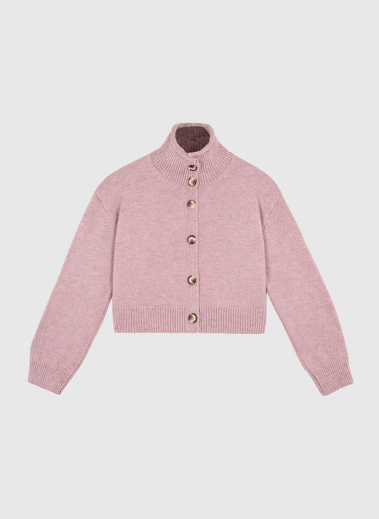 Cardigan in maglia rosa antico con collo alto e bottoni