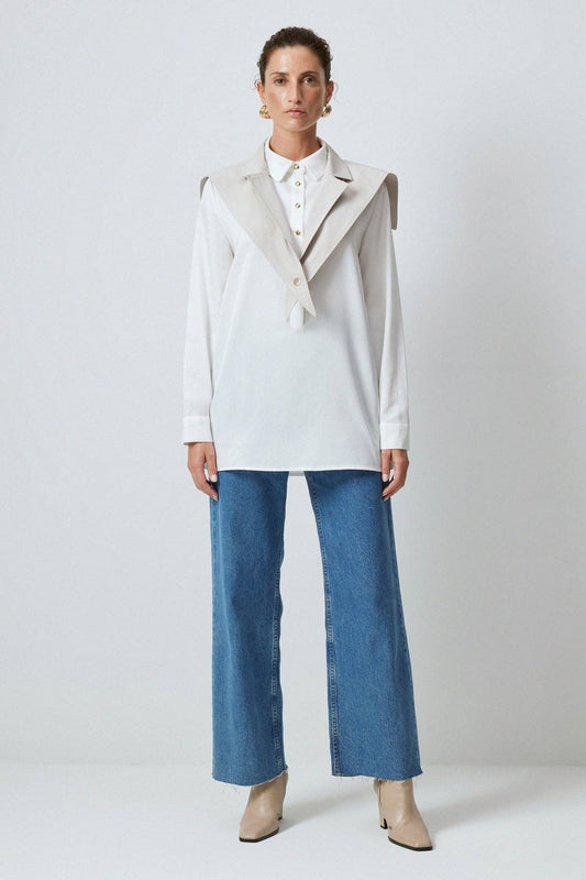 Camicia in popeline bicolor con maxi colletto e dettaglio a falda