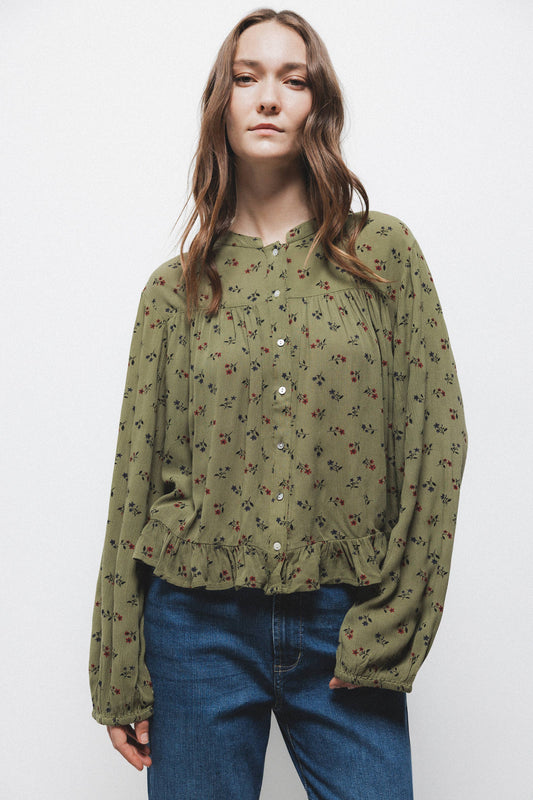 Blusa floreale con bottoni e maniche a palloncino