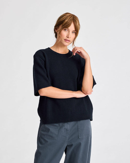 Maglione in lana d’agnello biologica a maniche corte Blu Notte