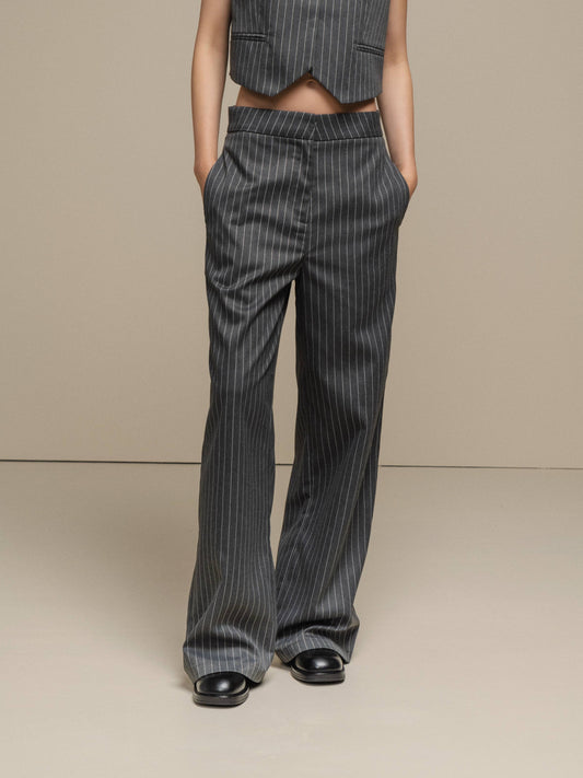 Pantaloni gessati a vita alta in misto poliestere stretch