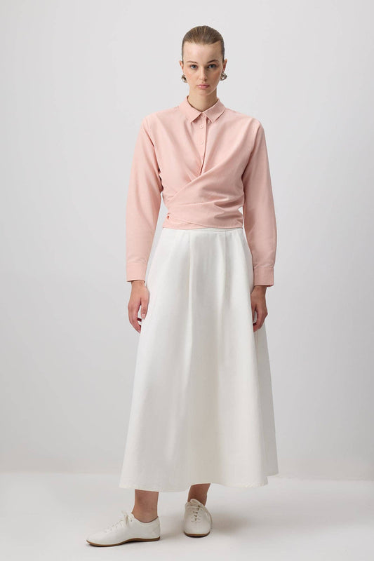 Camicia avvolgente in popeline misto cotone rosa