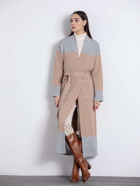 Cappotto lungo jacquard con cintura
