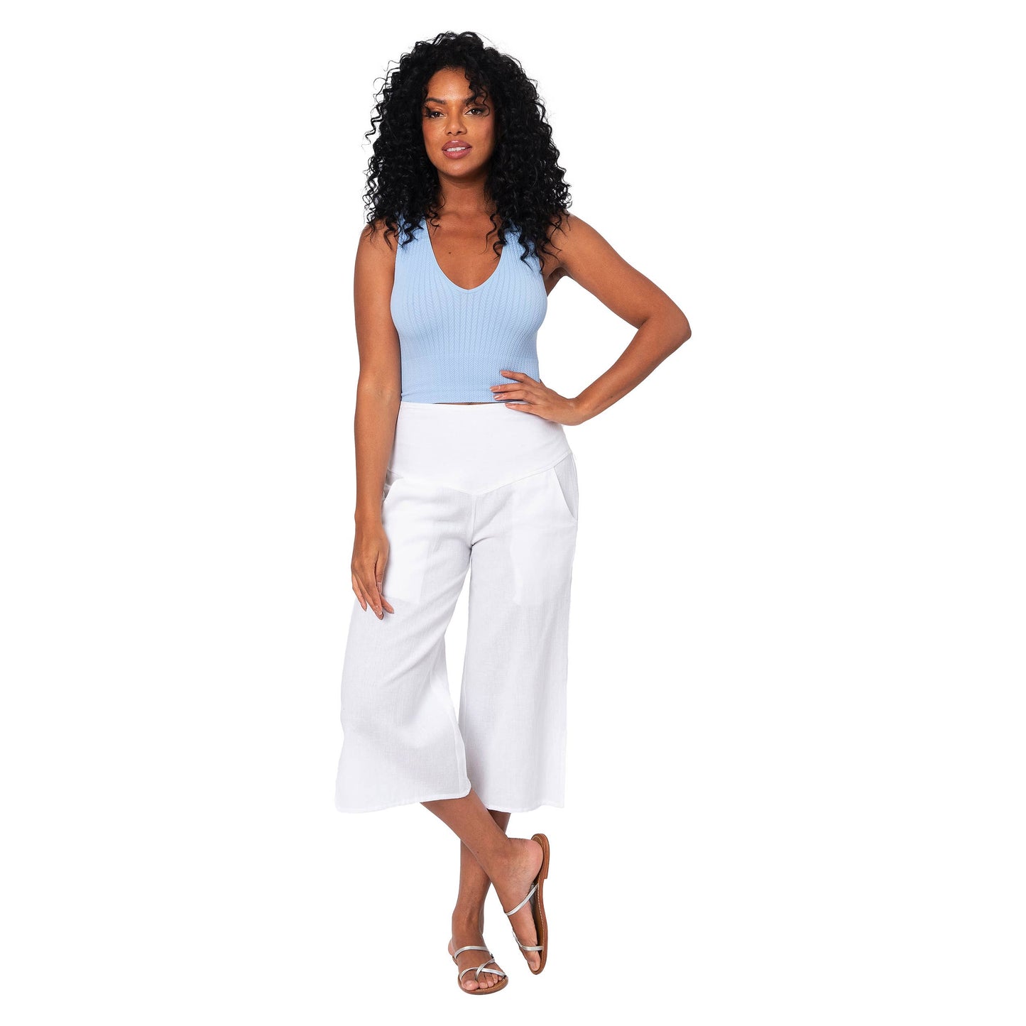 Pantaloni culotte estivi in cotone e lino bianchi