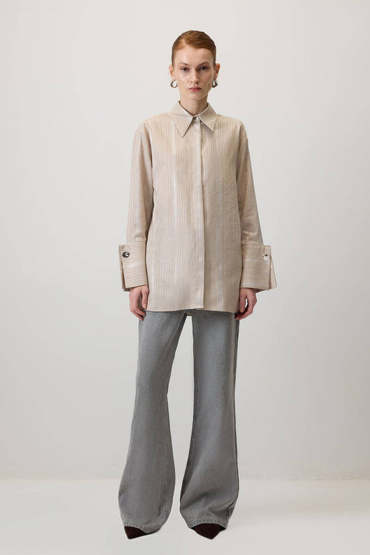 Camicia in viscosa a righe glitter crema