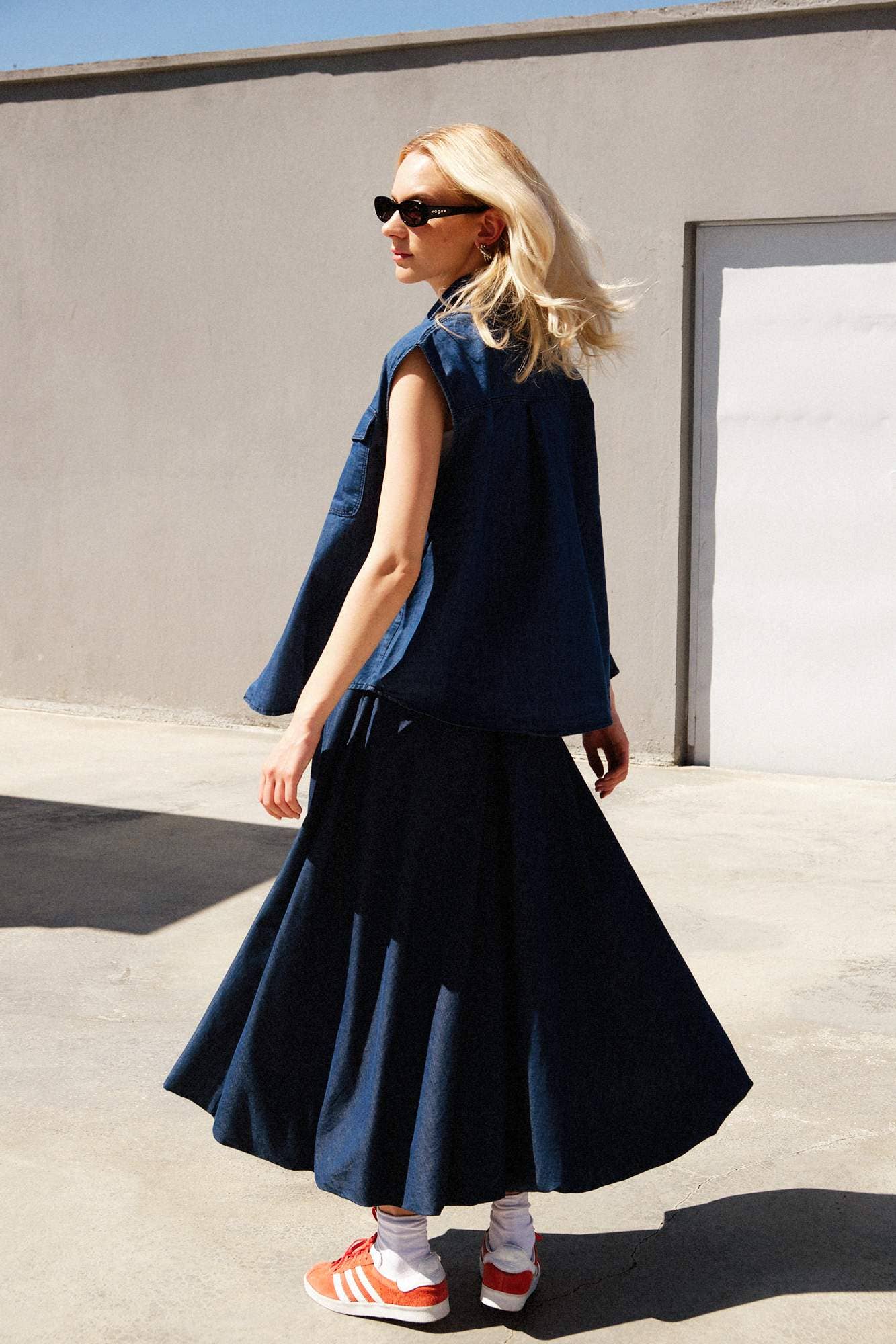 Gonna lunga effetto denim fluida