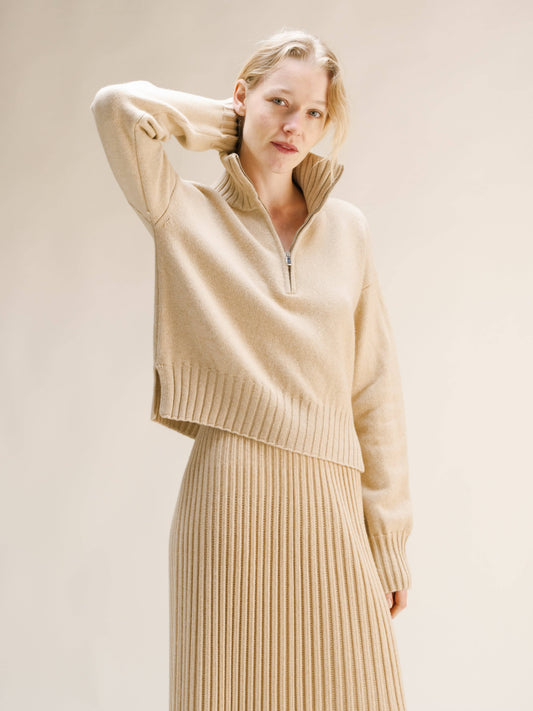 Maglione collo alto con zip in misto cashmere
