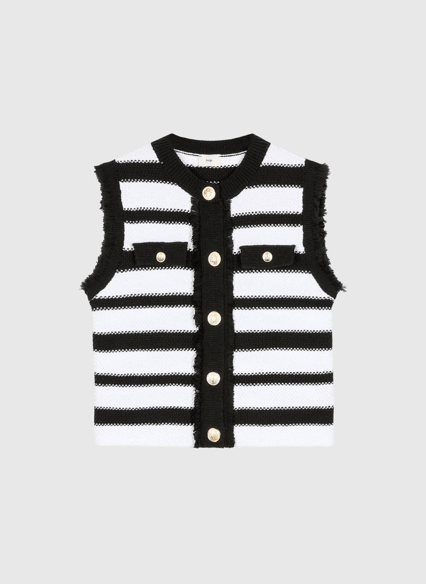 Cardigan smanicato a righe con bottoni gioiello