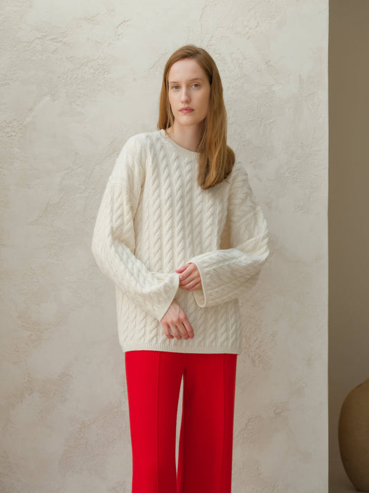 Maxi maglia girocollo a trecce in misto cashmere