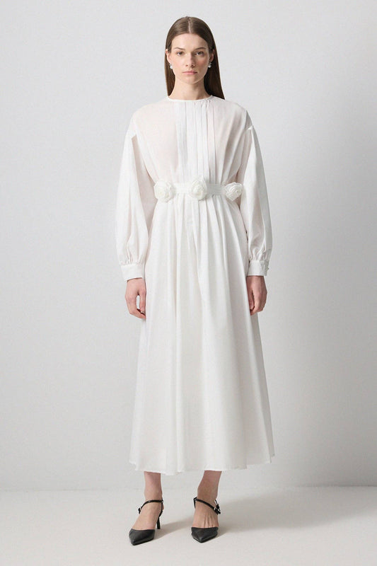 Abito lungo plissettato in popeline con fiori 3D