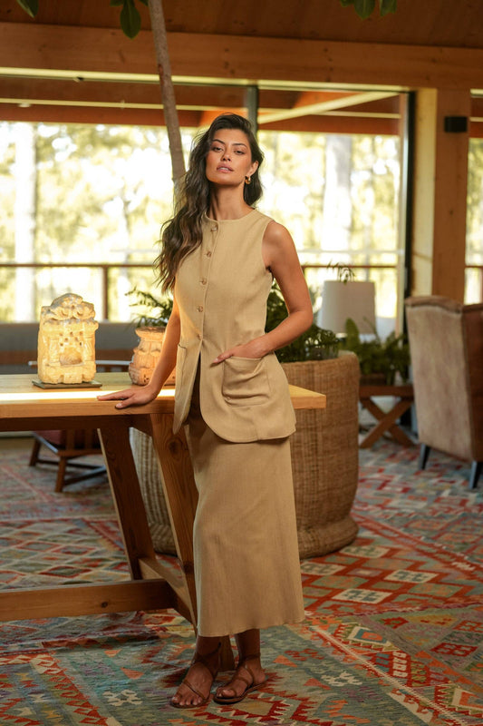 Gonna midi beige con spacco