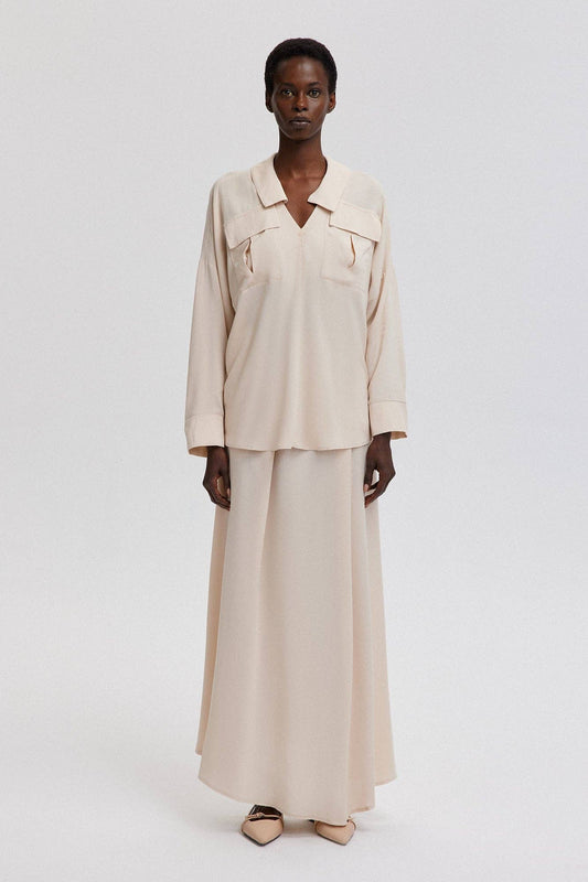 Completo in viscosa con gonna lunga e tunica con scollo a V