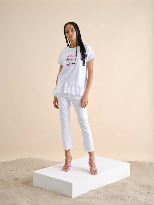 T-shirt bianca con stampa e balza
