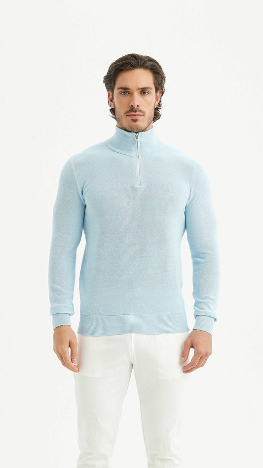 Maglione sportivo uomo in cotone azzurro con zip